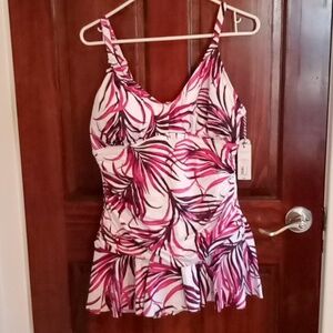 NWT Women's full swimsuit dress  pink, white, and black, with floral size 16.